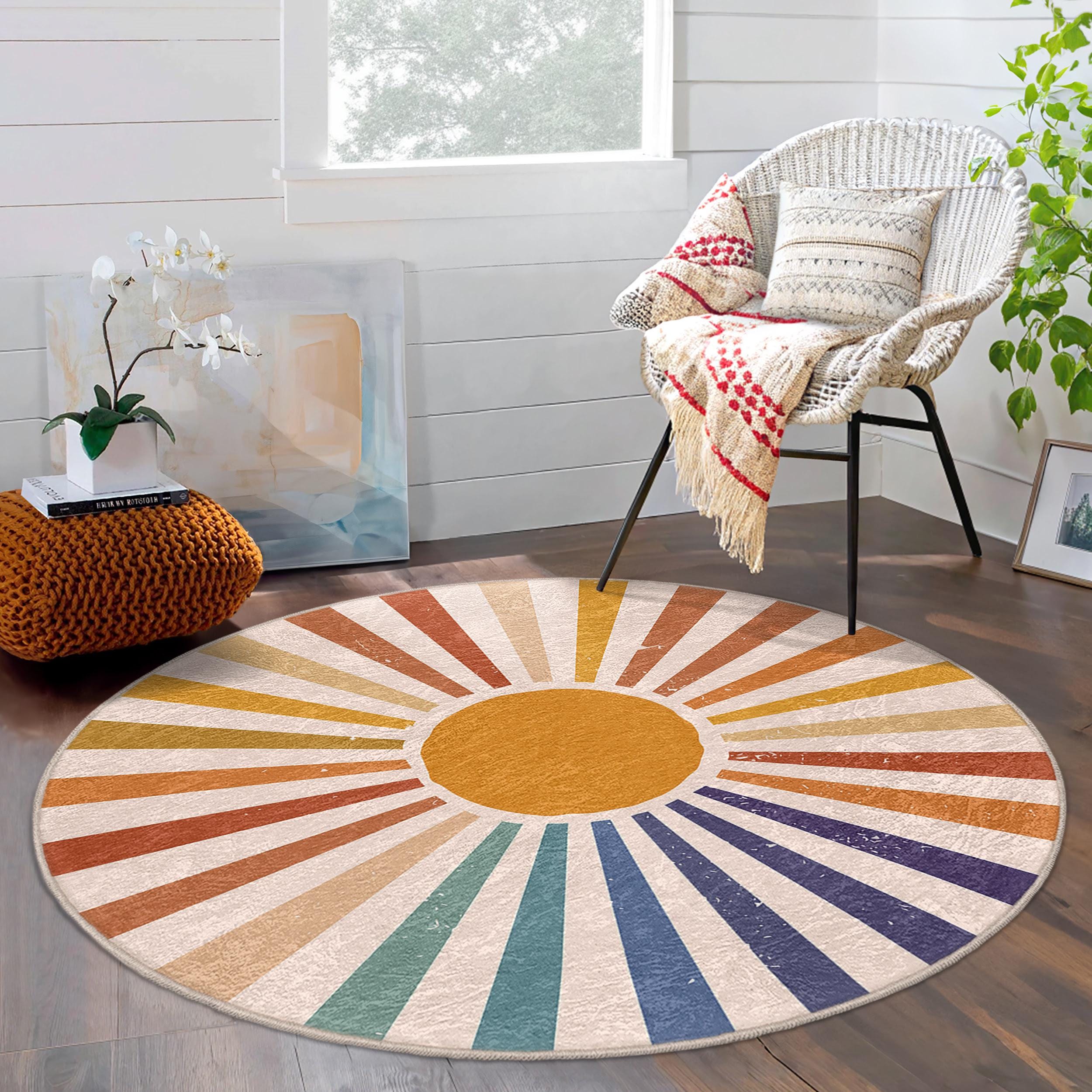Radiant Sunburst Design Round Rug - Colorful Rays Circle Carpet ...