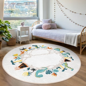 Tapis rond coloré pour chambre d'enfants, dinosaures aventures - Tapis rond créatures de la jungle - Décoration de chambre de dinosaures - Tapis rond pour salle de jeux - Tapis ovale