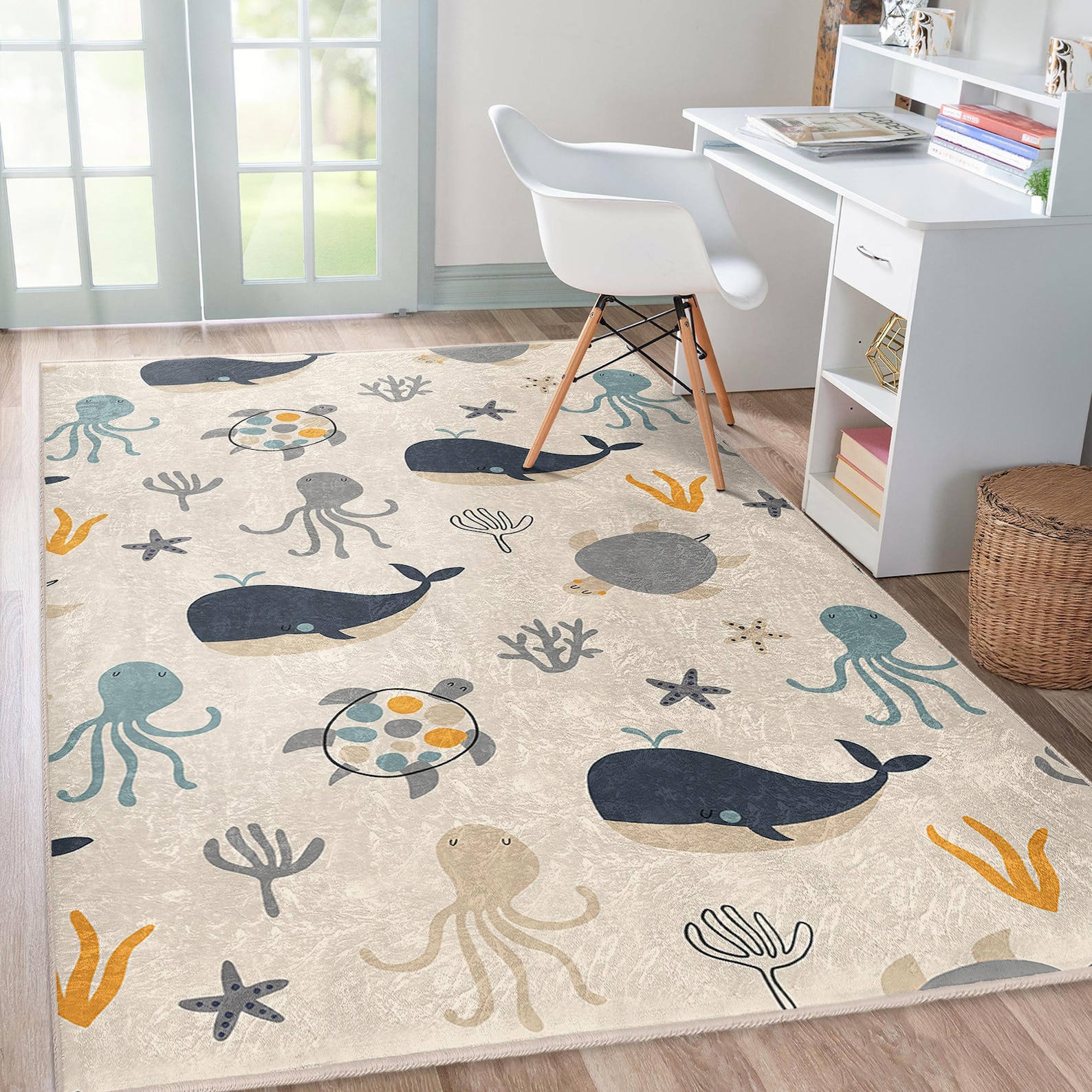 Undersea Creatures Kids Room Rug - Sea Life Octopus Whale Nursery Decor ...