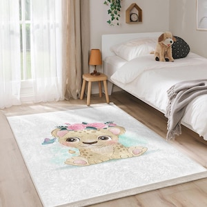 Bonita alfombra infantil con dibujos de animales, diseño floral de safari divertido, alfombra para habitación infantil, alfombra decorativa blanca, adorable patrón de león, alfombra colorida para guardería