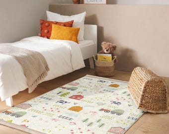 Farmhouse Kids Room Rug - Farmplay Tractor and House Nursery Carpet -Playful Pastel Color Mat-Farm Game Kids Room Rug-Washable Anti-Slip Mat