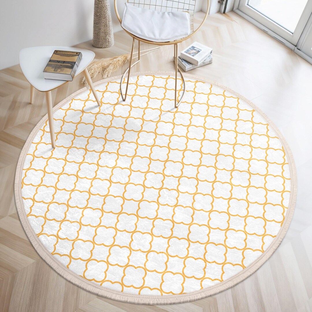 Geometric Trellis Motif Round Rug - Golden Lattice Pattern Circle ...