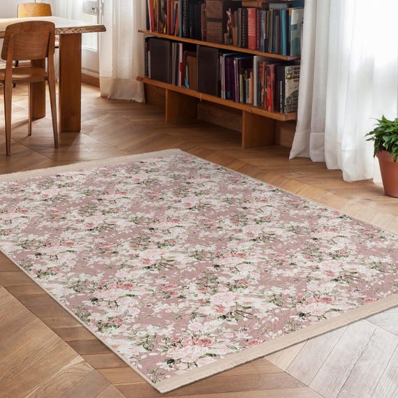 Floral Pink Design Area Rug - Vintage Rose Pattern Accent Carpet - Living Room Square Rug - Elegant Throw Rug - Contemporary Washable Mat