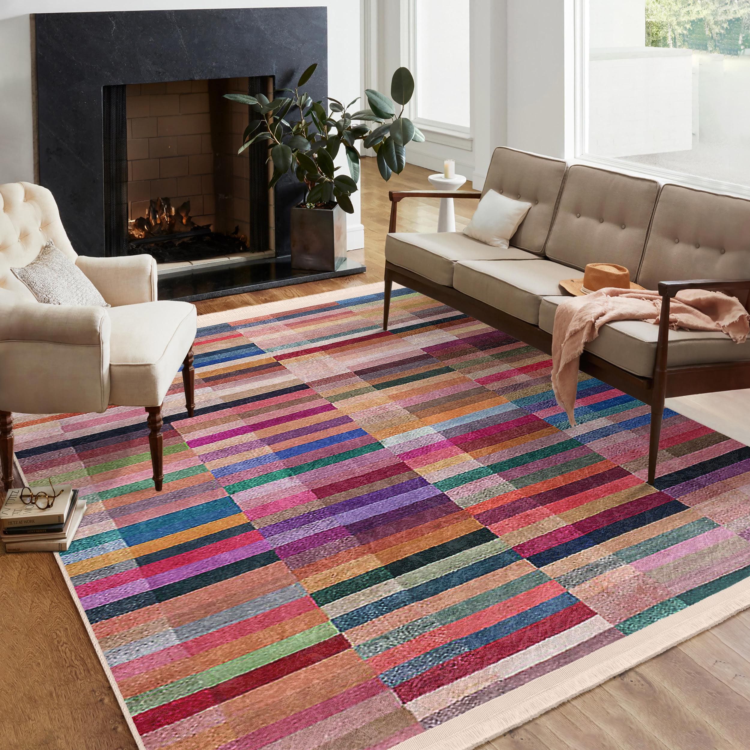 Colorful Stripes Area Rug - Vibrant Block Accent Carpet-multicolor Skid ...