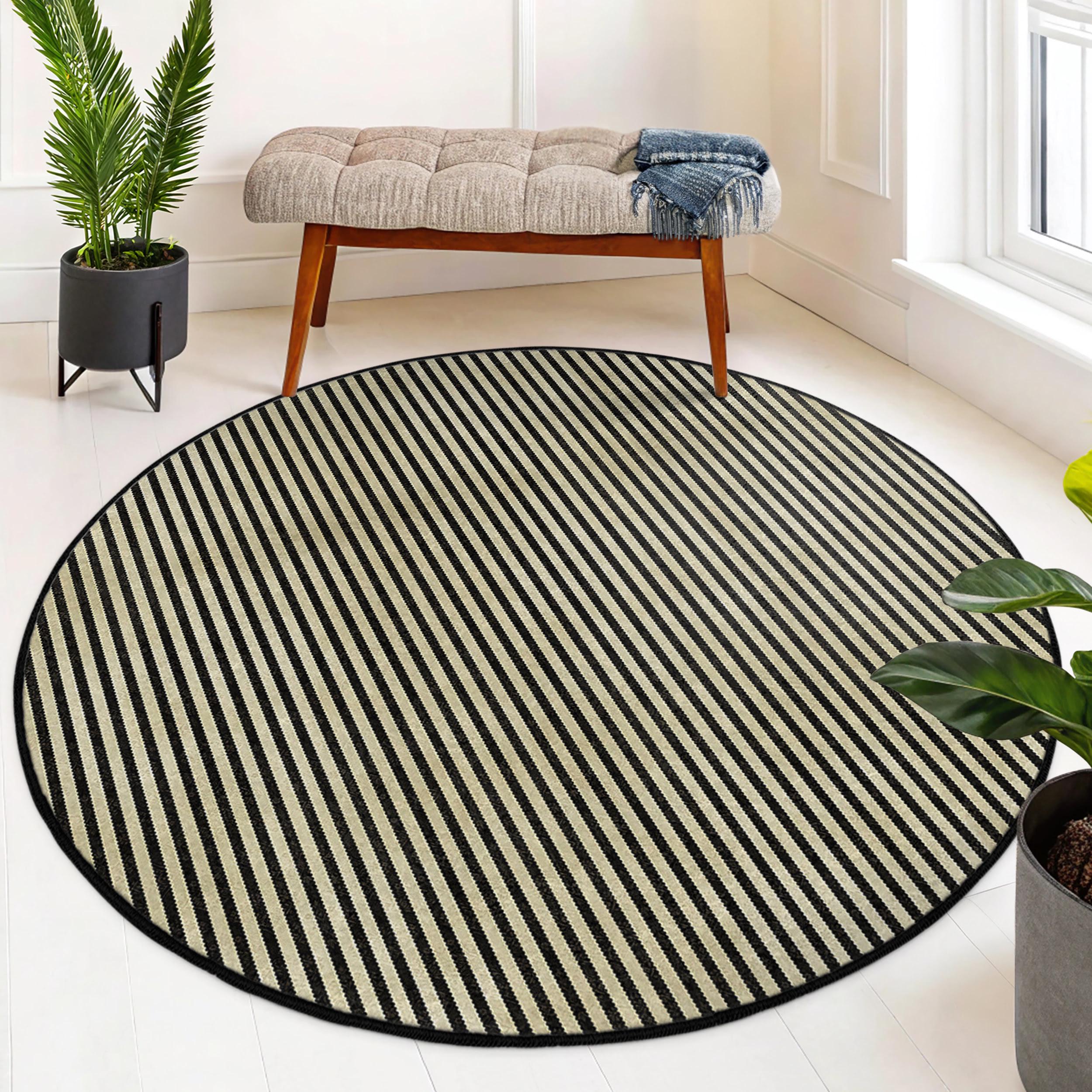 Beige Black Striped Round Rug-geometric Diagonal Line Pattern