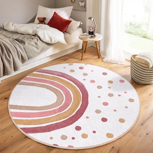 Rosa Regenbogen Spielzimmer Teppich für Kinderzimmer - Spiral Punkte Weißer Kreis Teppich-Boho Chic Kinderzimmer Dekor-Waschbarer Runder Teppich-Anti-Rutsch Oval Mat