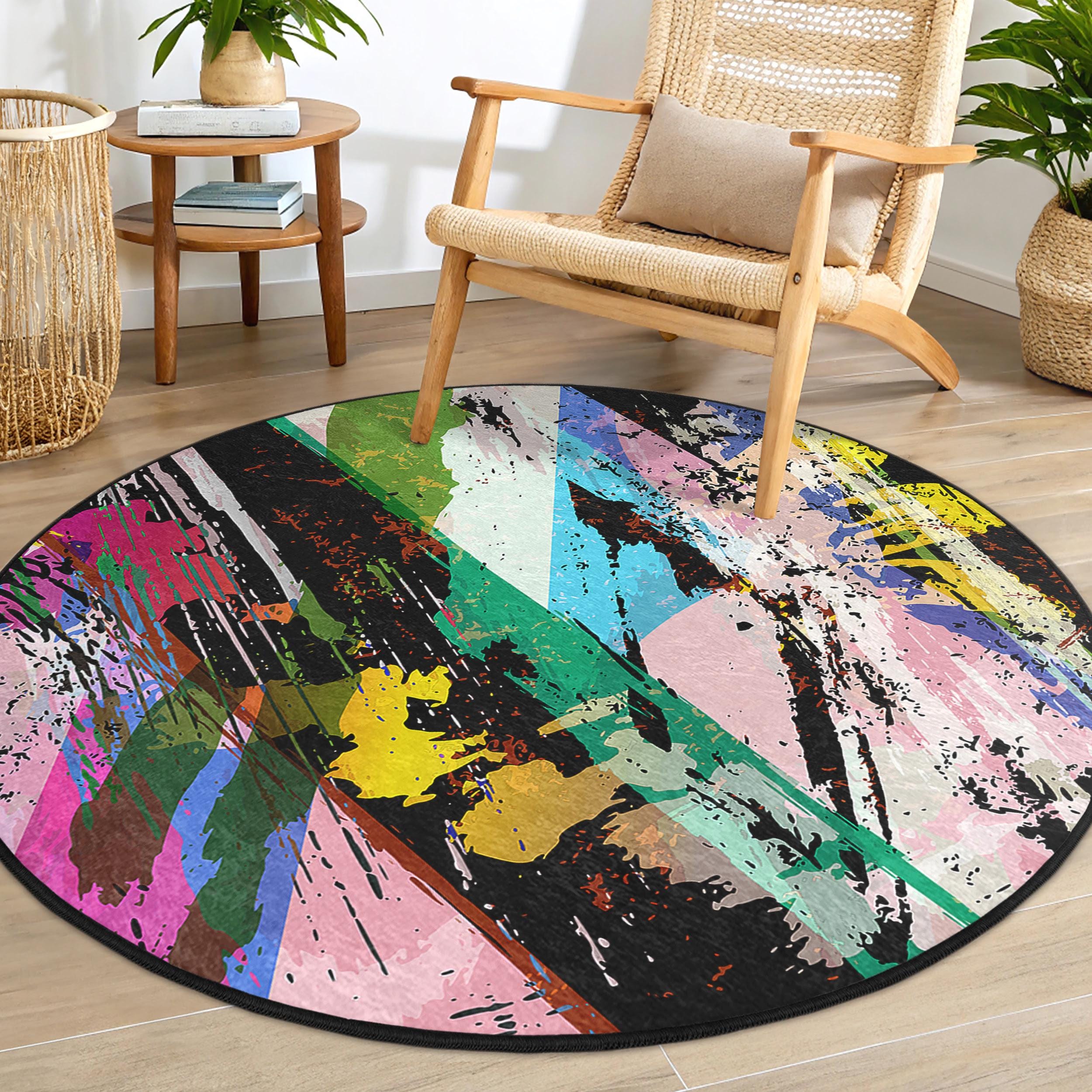 Colorful Abstract Splatter Round Rug-Vivid Paint Strokes Circle Carpet-Multicolor Round Mat-Art Oval Throw Rug-Trendy Living Room Accent Rug