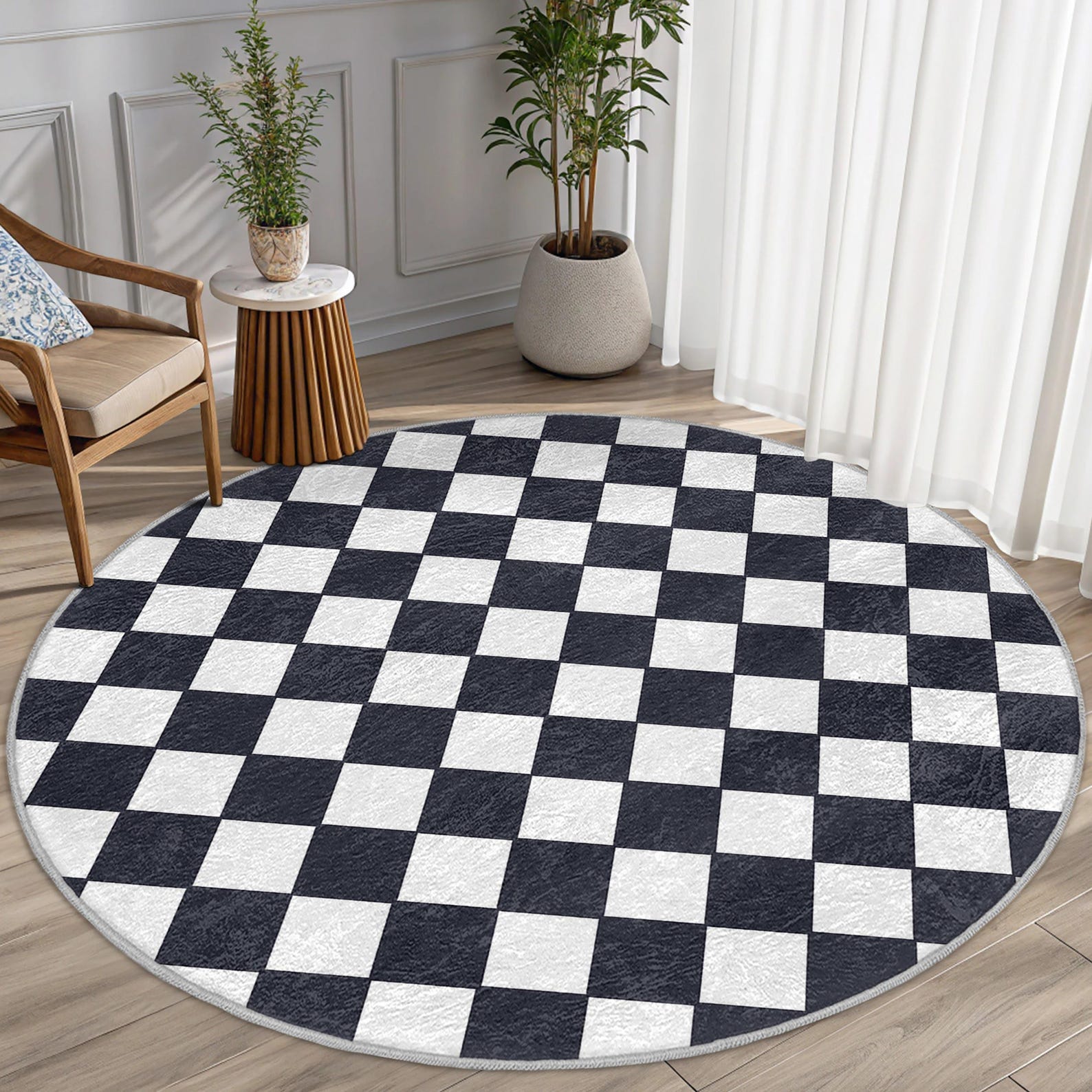 Black White Checkered Round Rug-bold Chessboard Pattern Circle Mat ...