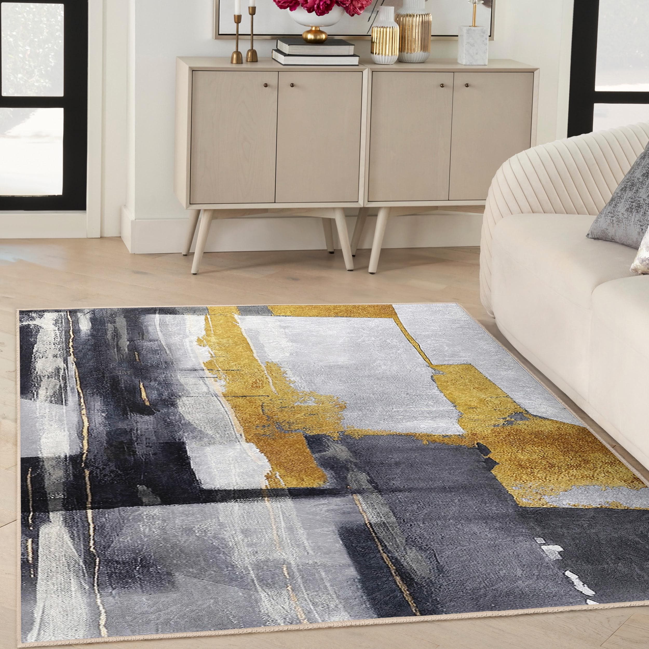 Modern Abstract Art Rug - Dramatic Brushstroke Gold Pattern Living Room ...
