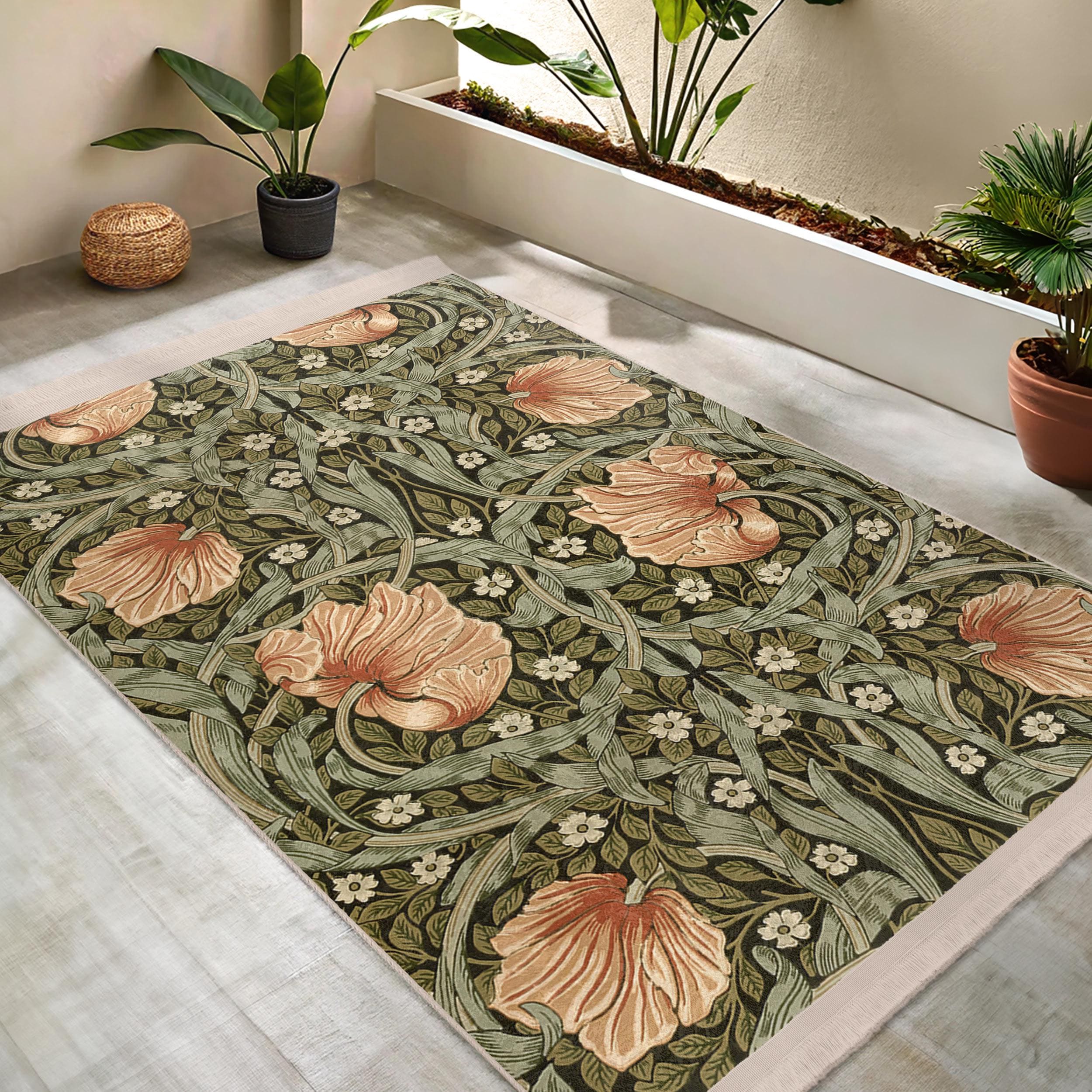 Wiliam Morris Style Artistic Floral Leaf Area Rug - Green Beige