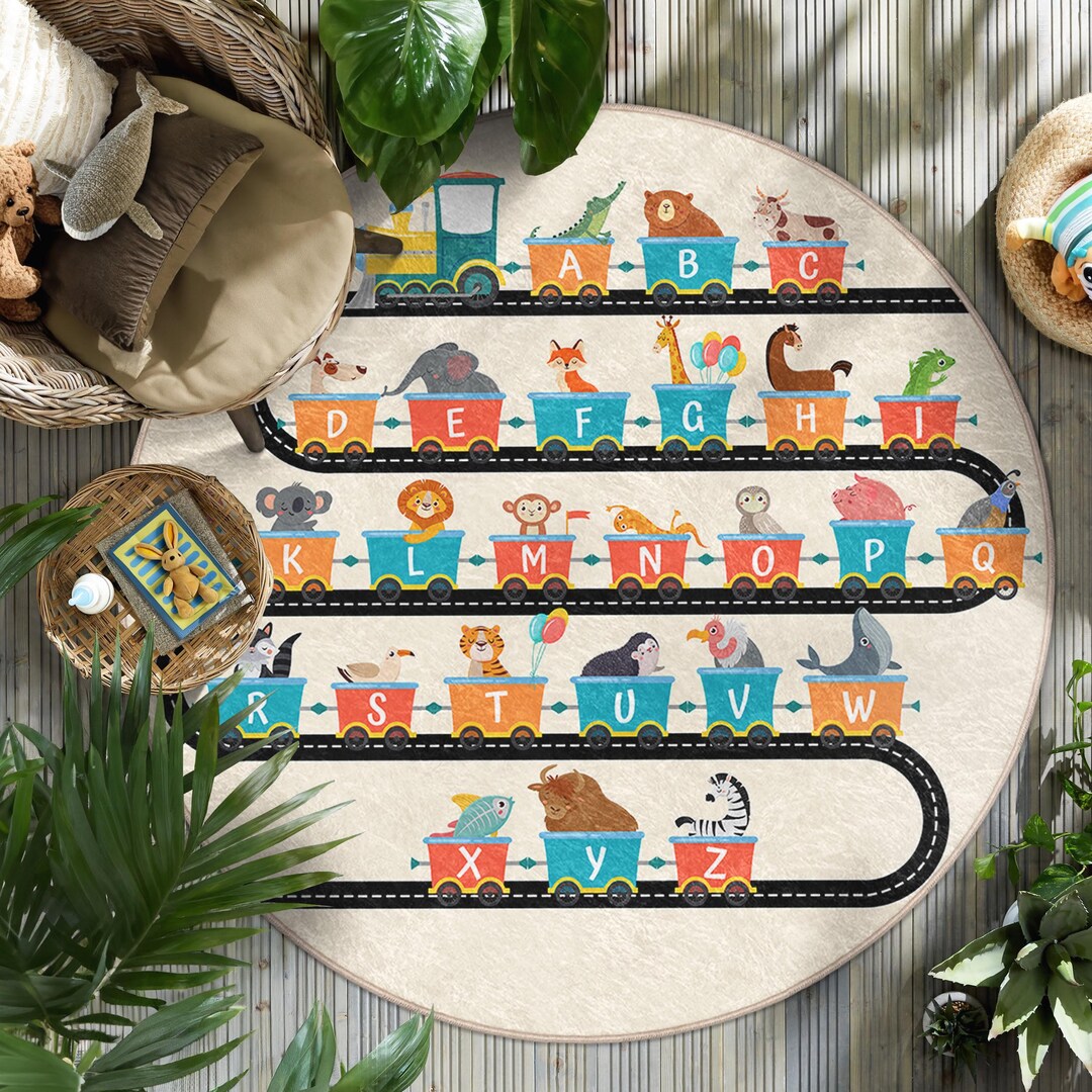 Alphabet Train Rug Animal Train Kids Room Round Rug - ABC Railway Fun Circle Carpet ...