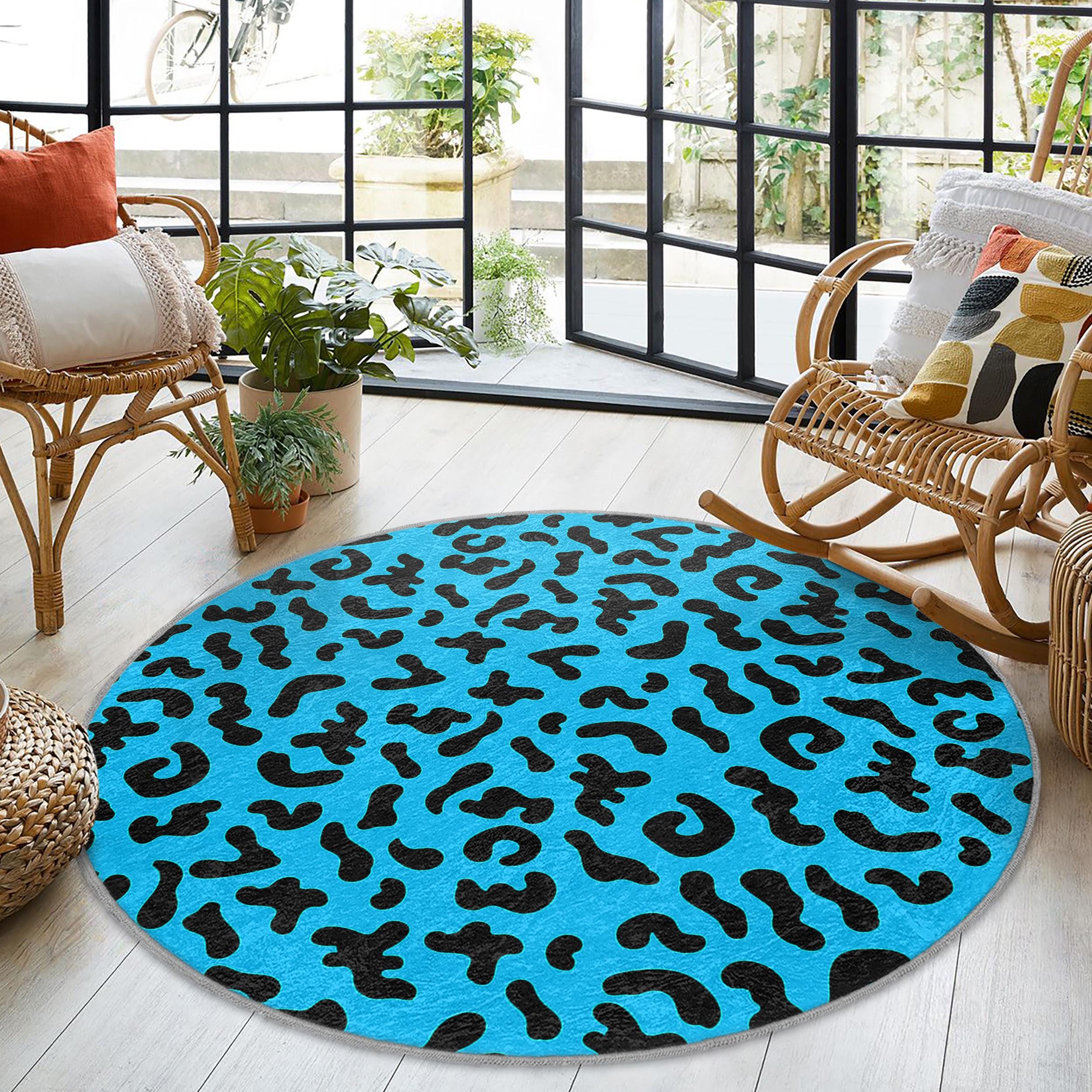 Blue Leopard Print Round Rug - Abstract Spots Pattern Circle Mat