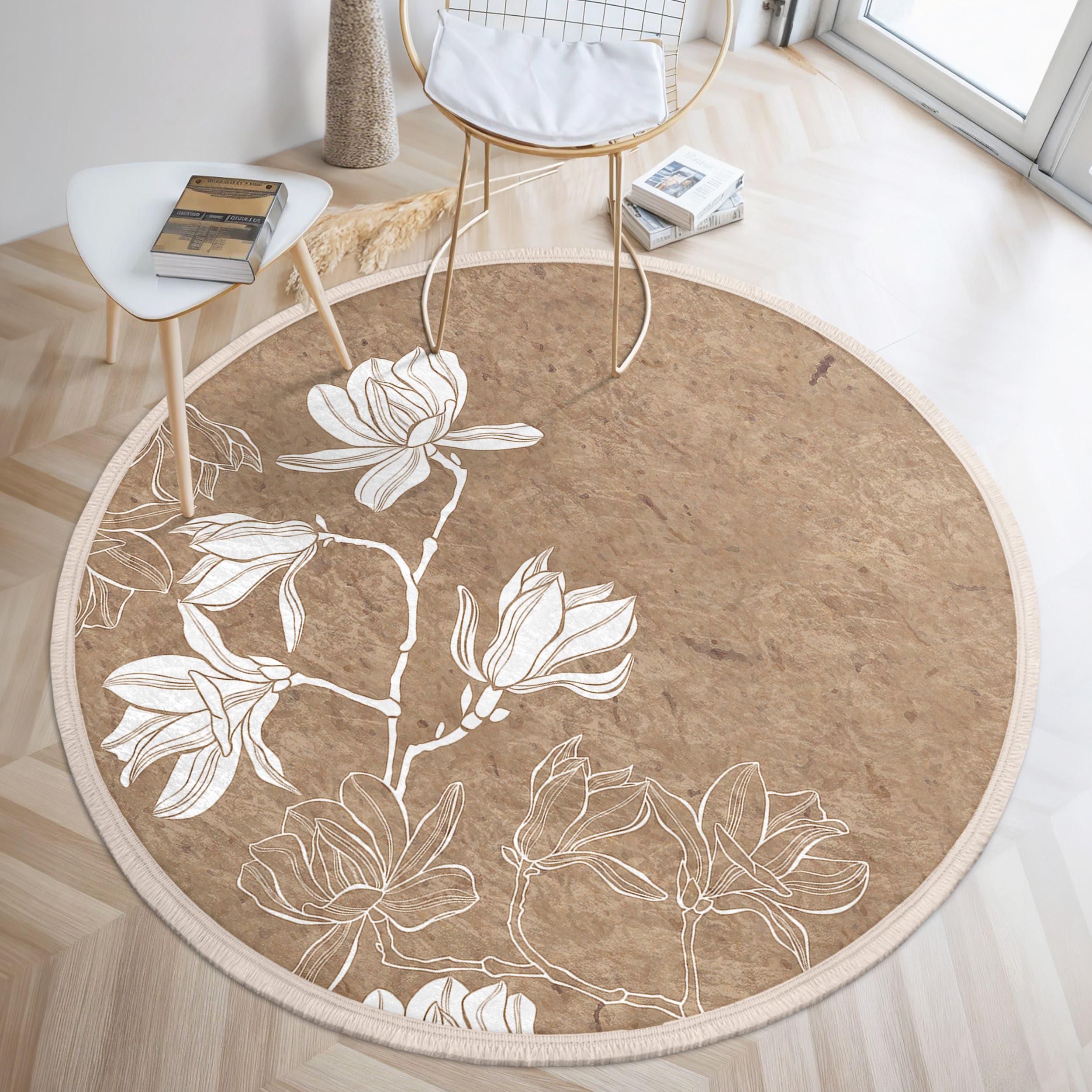 White Magnolia Floral Round Rug - Nature Inspired Flower Circle Mat ...