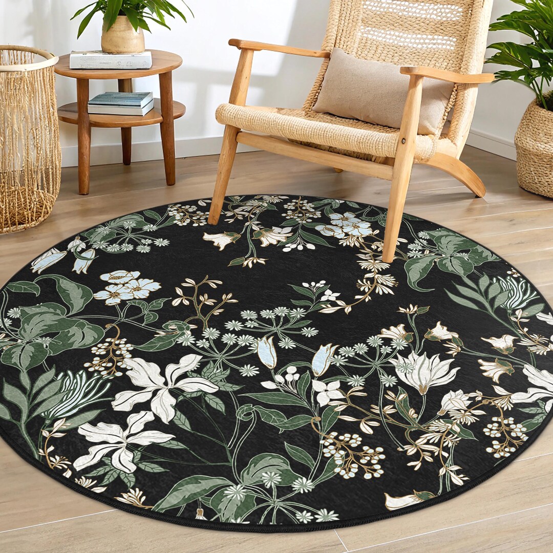 Roman Rug Round Floral Elegance Black Round Rug - Botanical Blossom Circle Carpet ...
