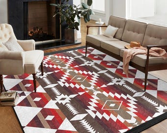 Red Southwest Area Rug - Geometric Tribal Design Mat - Vintage Aztec Accent Rug-Kilim Inspired Floor Rug-Brown Modern Carpet-Living Room Rug