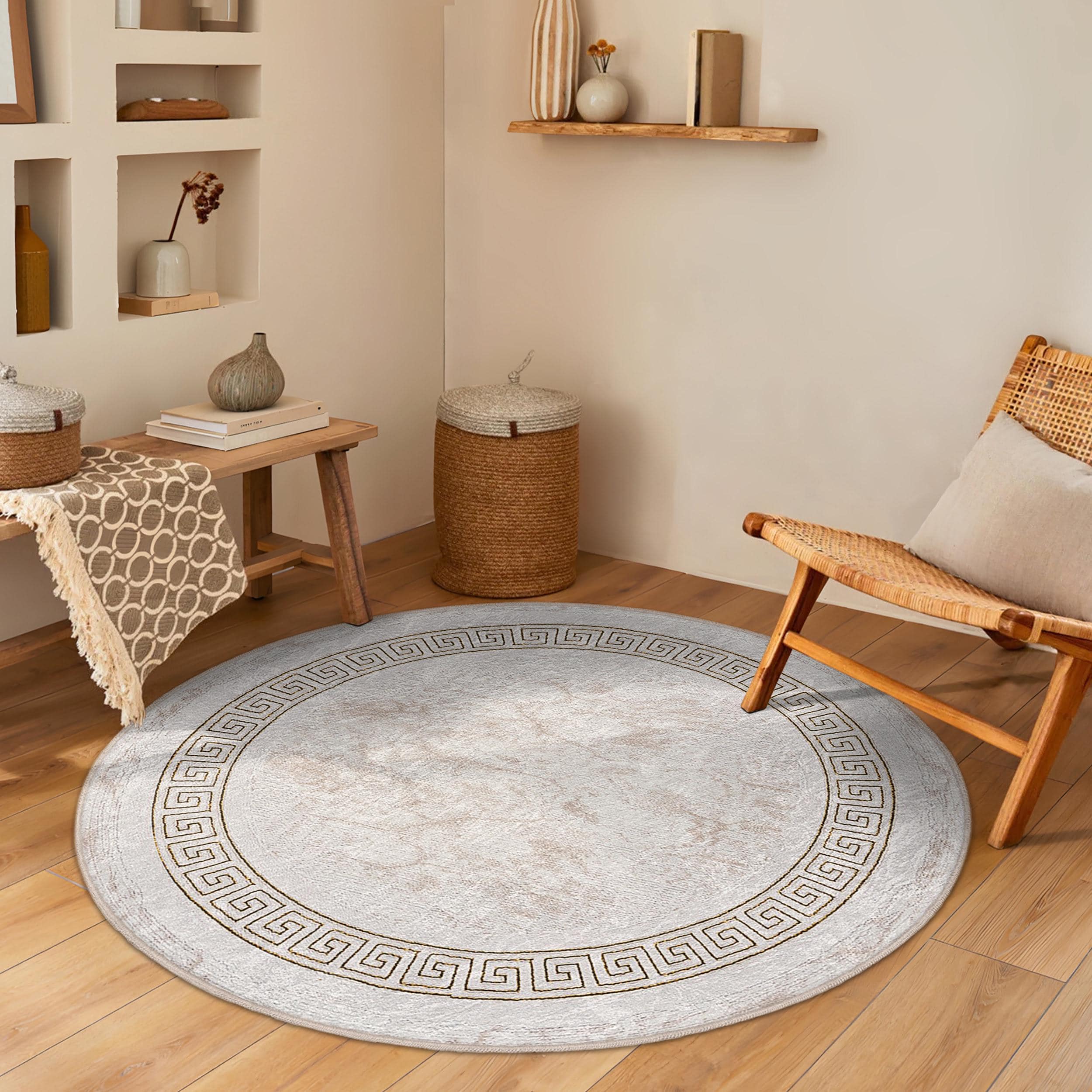 Tan Round Rug Greek Key Border Beige Round Rug - Geometric Pattern Circle Carpet ...