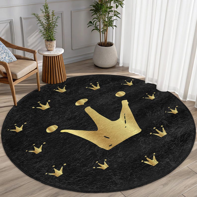Golden Crown Themed Round Rug -regal Black Patterns Circle Carpet ...