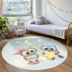 Alfombra redonda para habitación infantil con búhos en la luna - Alfombra infantil con círculos de estrellas y búhos - Alfombra de guardería con dibujos animados divertidos - Alfombra ovalada de noche caprichosa