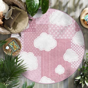 Pink Cloud Kids Room Round Rug - Stars Hearts Stripes Circle Mat - Checkered Nursery Decor - Plaid Playroom Mat - Floral Anti-slip Carpet