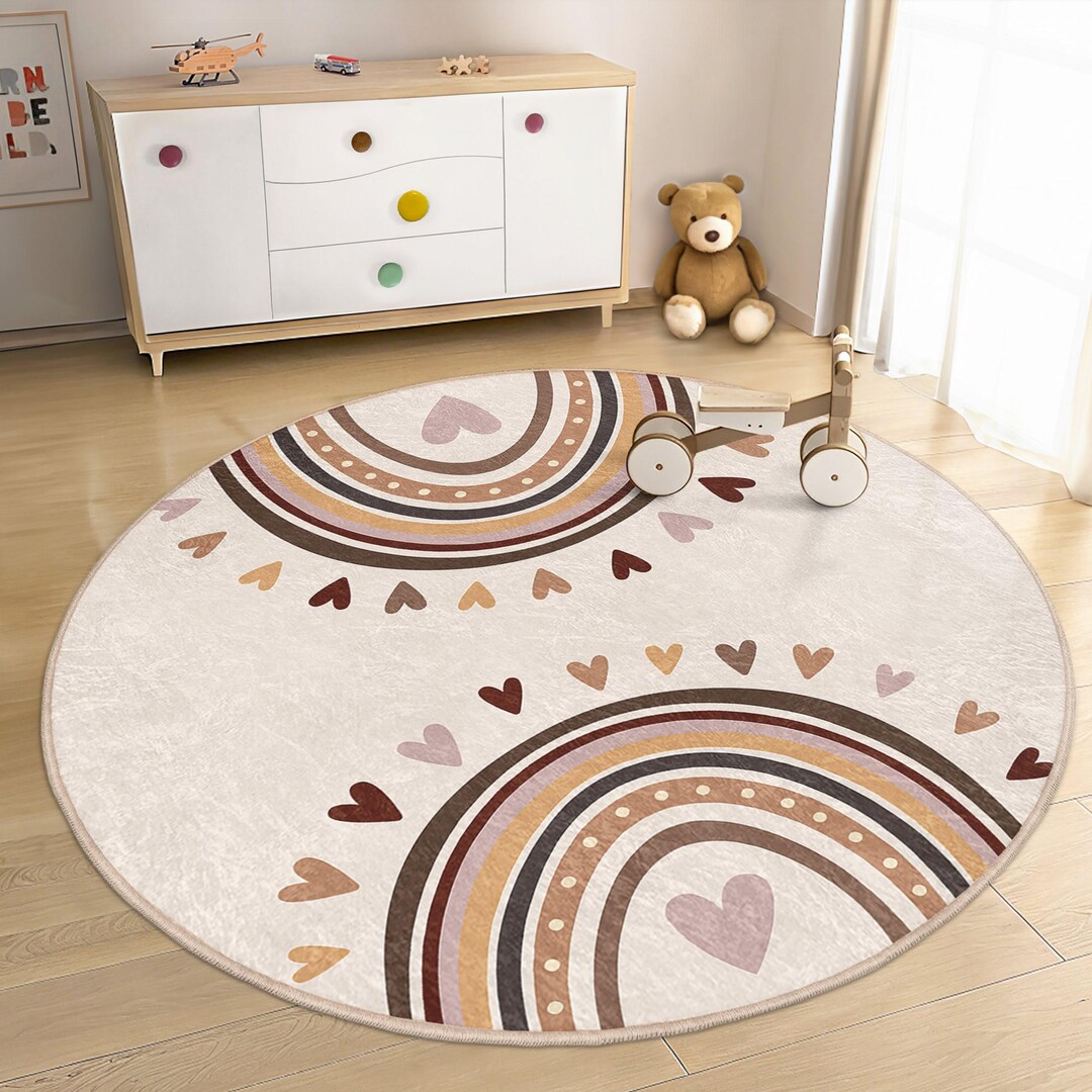 Heart Rug Kids Rainbow Heart Kids Room Round Rug - Curved Lines Earth Tones Circle ...