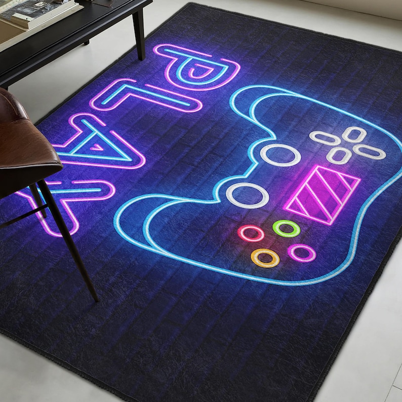 Rgb Gaming Rug Neon Play Black Area Rug - Gaming Room Glow Rug-controller Non Slip ...