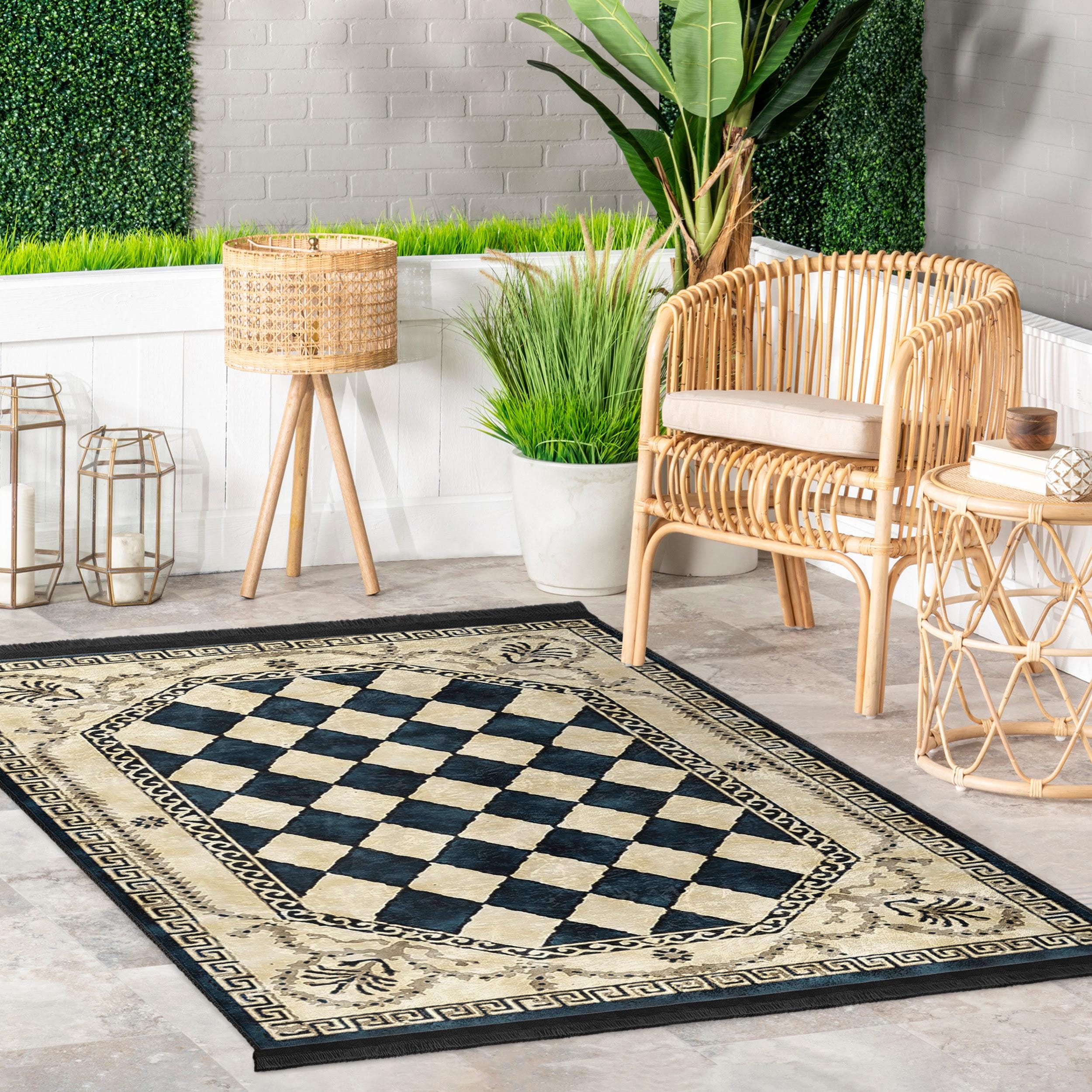 チェック柄ブラックベージュエリアラグ - 幾何学模様のチェックボード