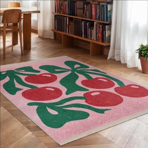 Pink Cherry Motif Area Rug -bold Fruit Leaf Pattern Rug-vibrant Anti ...