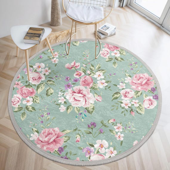Shabby Chic Floral Round Rug - Pastel Rose Blooms Round Area Rug