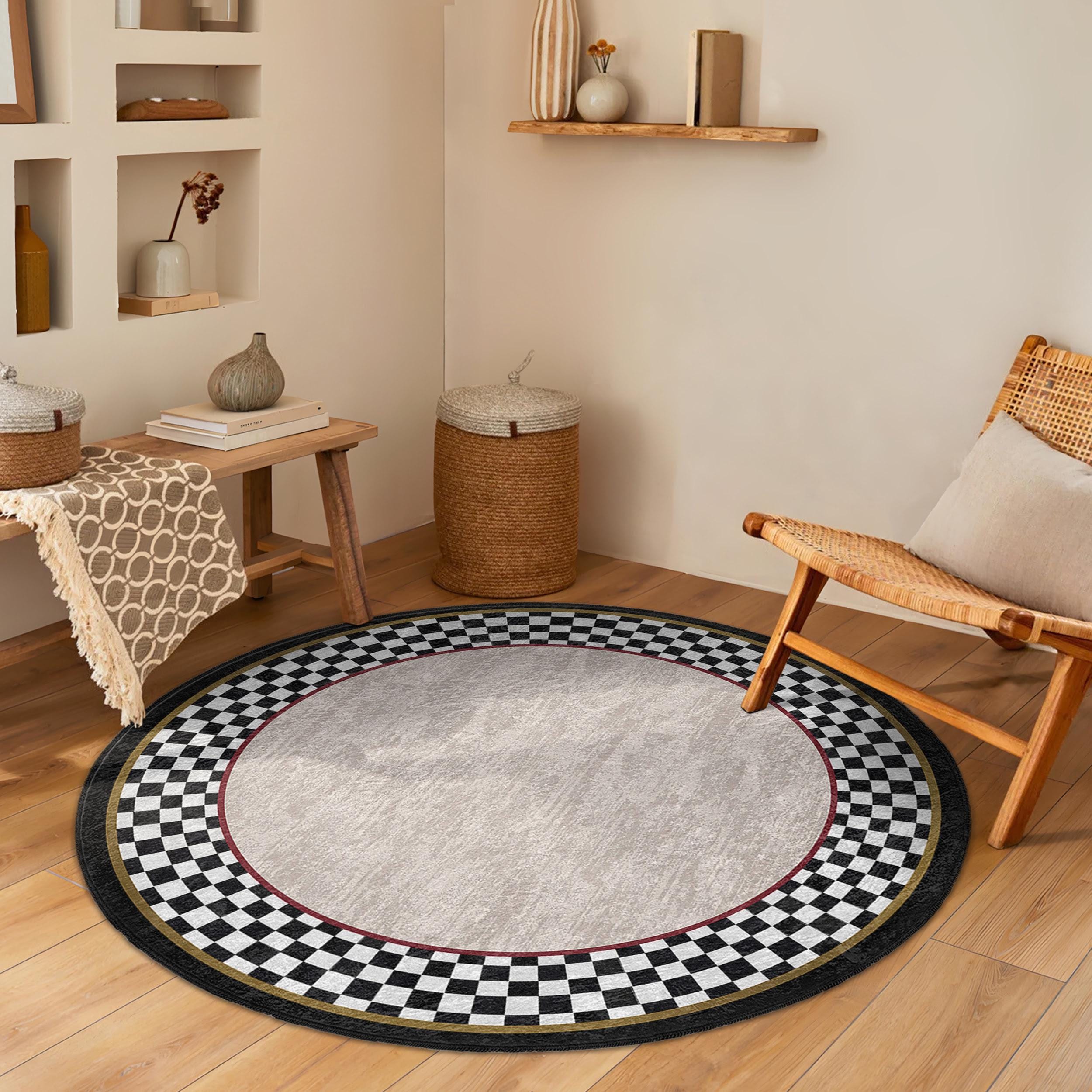 Checker Border Round Rug-black White Check Pattern Circle Rug-gray