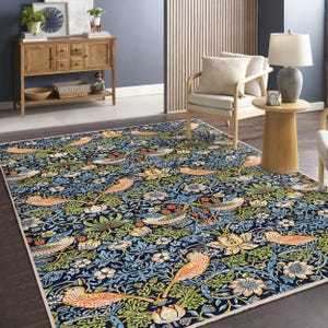 Erdbeerdieb Teppich - William Morris Blau Grün Exotischer Akzent Teppich - Spatz Romantische Gartenmatte - Waschbarer Läufer mit Botanischem Charme