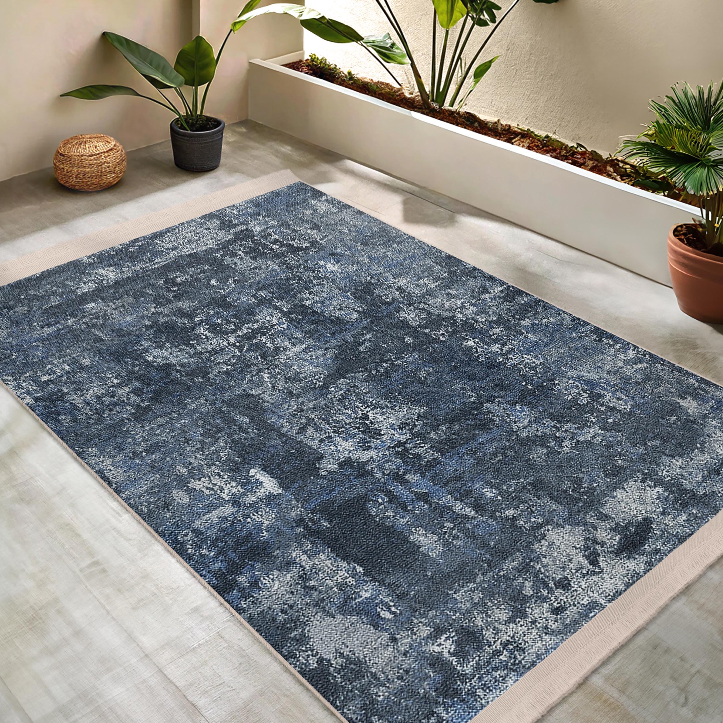 Blue Textured Abstract Area Rug - Slate Marbled Patterns Accent Carpet ...