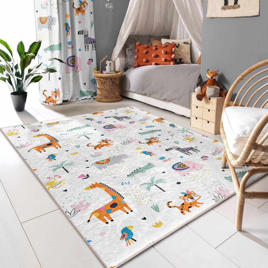Bright Jungle Animal Print Rug-cartoon Giraffe Tiger Elephant-fun ...