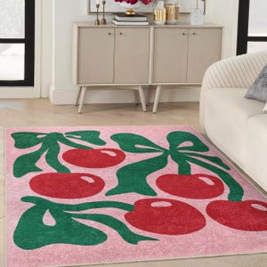 Pink Cherry Motif Area Rug -bold Fruit Leaf Pattern Rug-vibrant Anti ...
