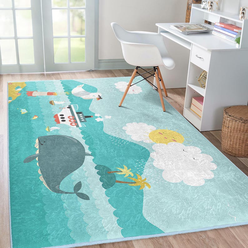 Whimsical Nursery Ru Teal Nautical Carpet Rectangular Toddler