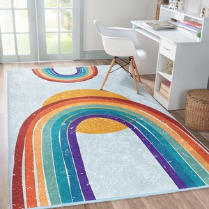 Retro Space Rainbow Arch Kids Room Rug -Vibrant Curved Stripes Design Mat-Colorful Kids Area Rug-Modern Abstract Accent Rug-Blue Base Carpet