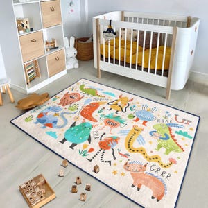 Alfombra infantil con diseño de dinosaurios de colores, divertida alfombra con dibujos de criaturas, alfombra para sala de juegos, alfombra decorativa con diseño de animales extravagantes, alfombra lavable