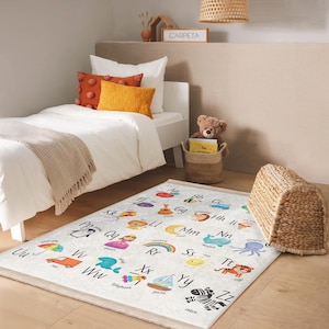 Alfombra educativa para niños con alfabeto en color, alfombra con ilustraciones creativas, alfombra lavable para habitación infantil