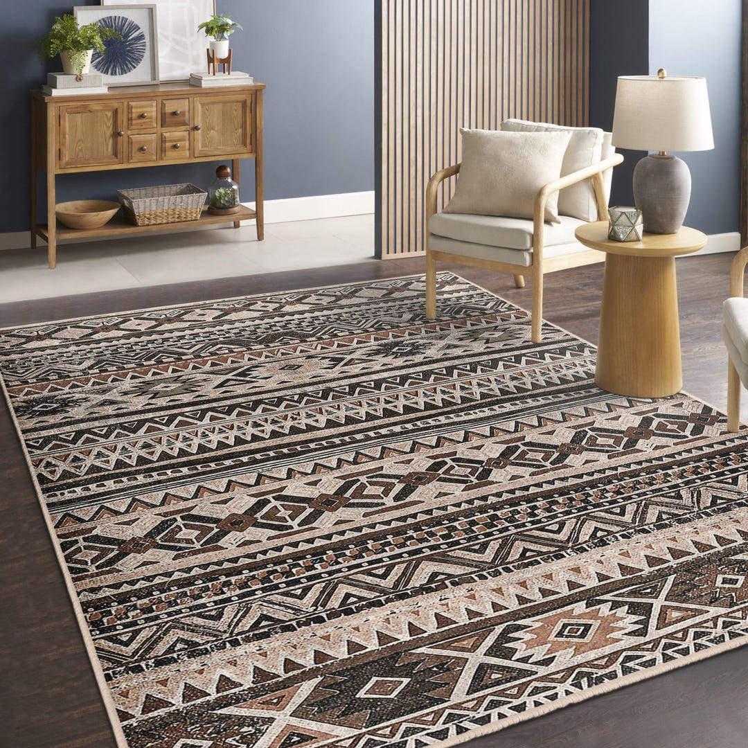 Aztec Farmhouse Accent Rug - Tribal Geometric Area Mat - Brown Black ...