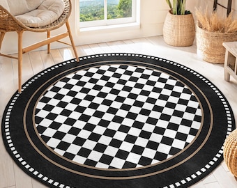 Checkerboard Modern Round Rug - Black White Geometric Circle