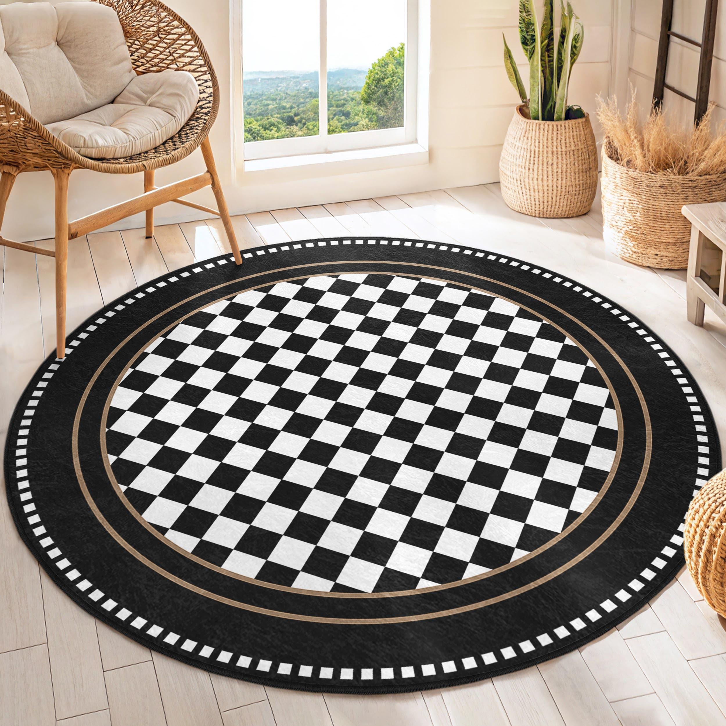 ラグ・カーペット Kyne Stamp Circle Rug by ROOM Black Black Floral Art Round Rug-rose Pattern Circle Carpet-white Flower