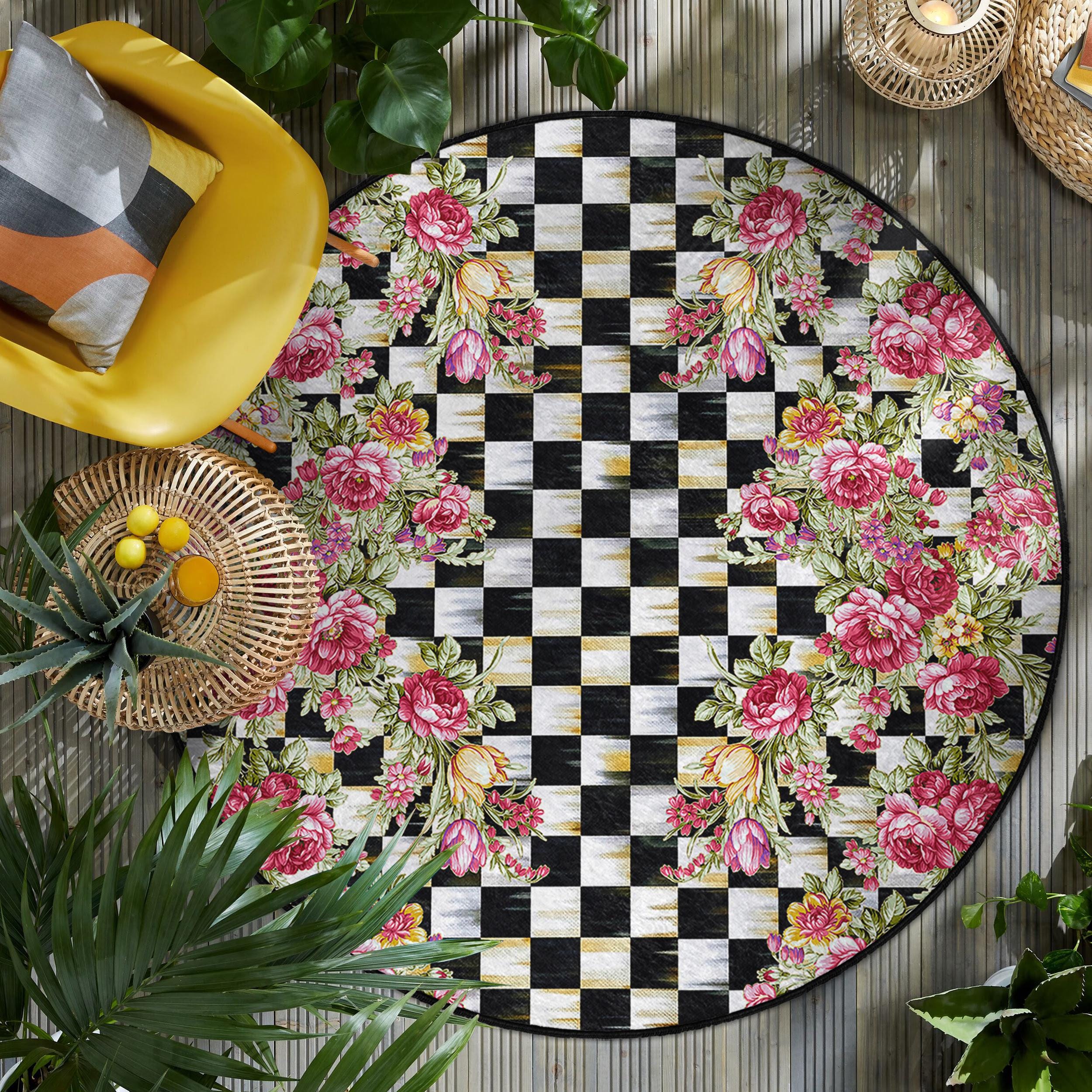 Black White Checkered Floral Round Rug-pink Roses Circle Carpet-vintage ...