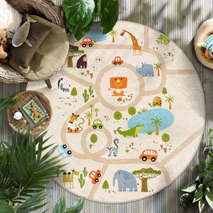 Tappeto rotondo per cameretta dei bambini Safari Adventure - Tappeto circolare con mappa della giungla e animali - Tappetino per sala giochi Zoo Road - Decorazione per cameretta dei bambini beige con fauna selvatica - Tappetino ovale per bambini