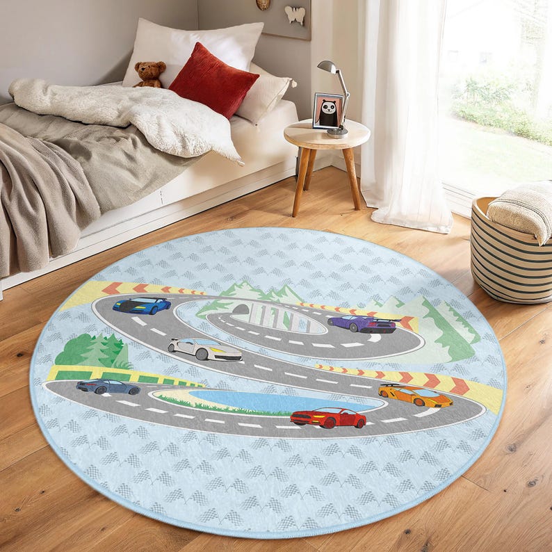 Round Racetrack Rug Race Track Design Kids Room Round Rug - Sporty Cars Non Slip Circle ...