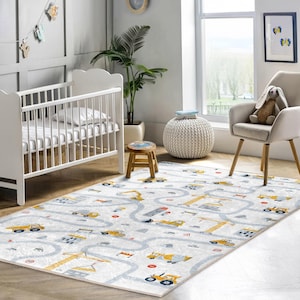 Bauen Spiel Kinderzimmer Teppich - Verspielter Straßenfahrzeug Design-Kinderzimmer Teppich-Grauer Akzent Teppich Waschbare Antirutschmatte-Bunter Aktivitätsteppich