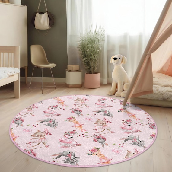 Ballet Pink Kid's Room Round Rug-cute Animal Dance Circle Carpet