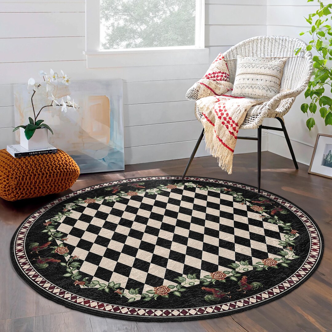 Classic Checkered Floral Round Rug - Diamond Pattern Floral Circle ...
