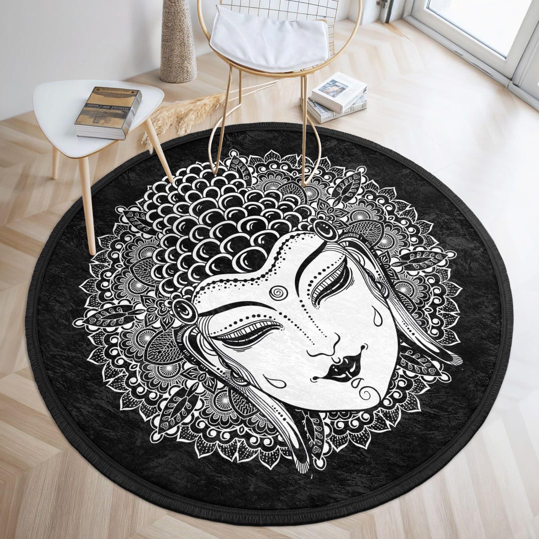 Buddha Face Meditative Round Rug - Black White Mandala Pattern Circle ...