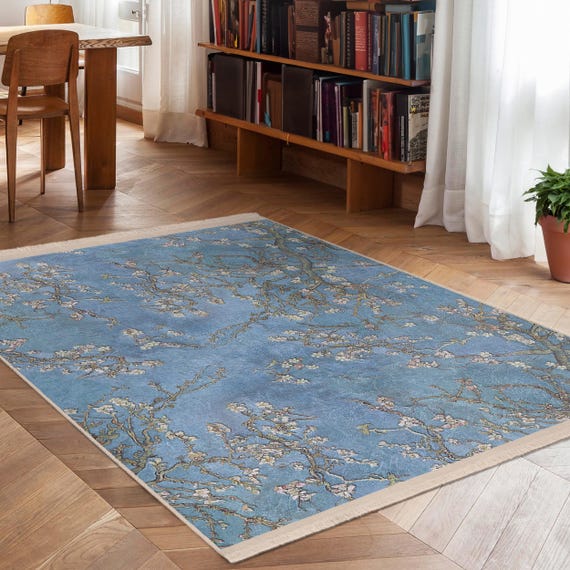 Branch Blossom Blue Area Rug - Vintage Floral Accent Carpet - Spring Garden Scene Mat - Almond Tree Area Rug - Rustic Pastel Floor Carpet