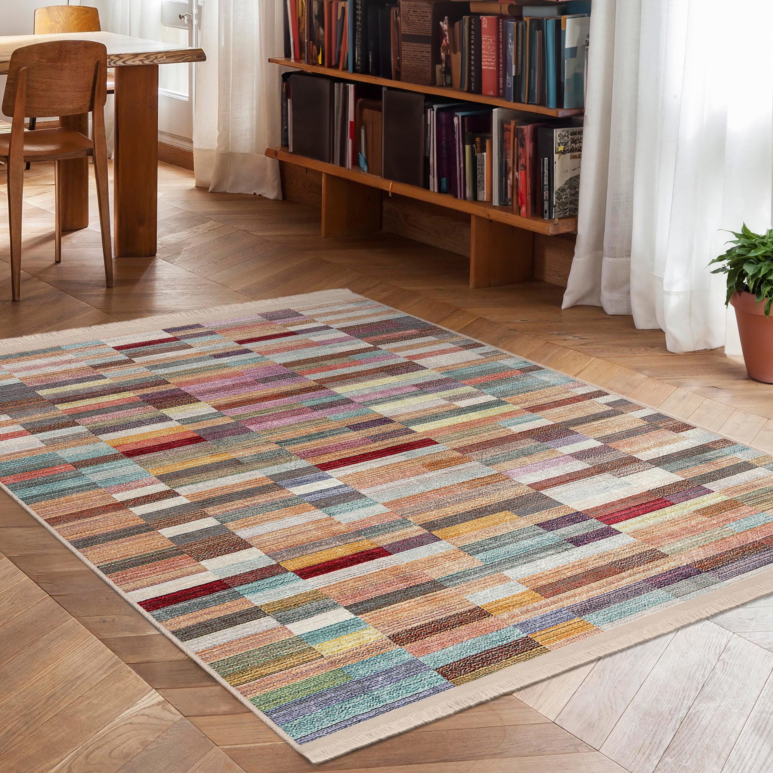 Colorful Block Area Rug - Striped Geometric Accent Carpet - Multicolor ...