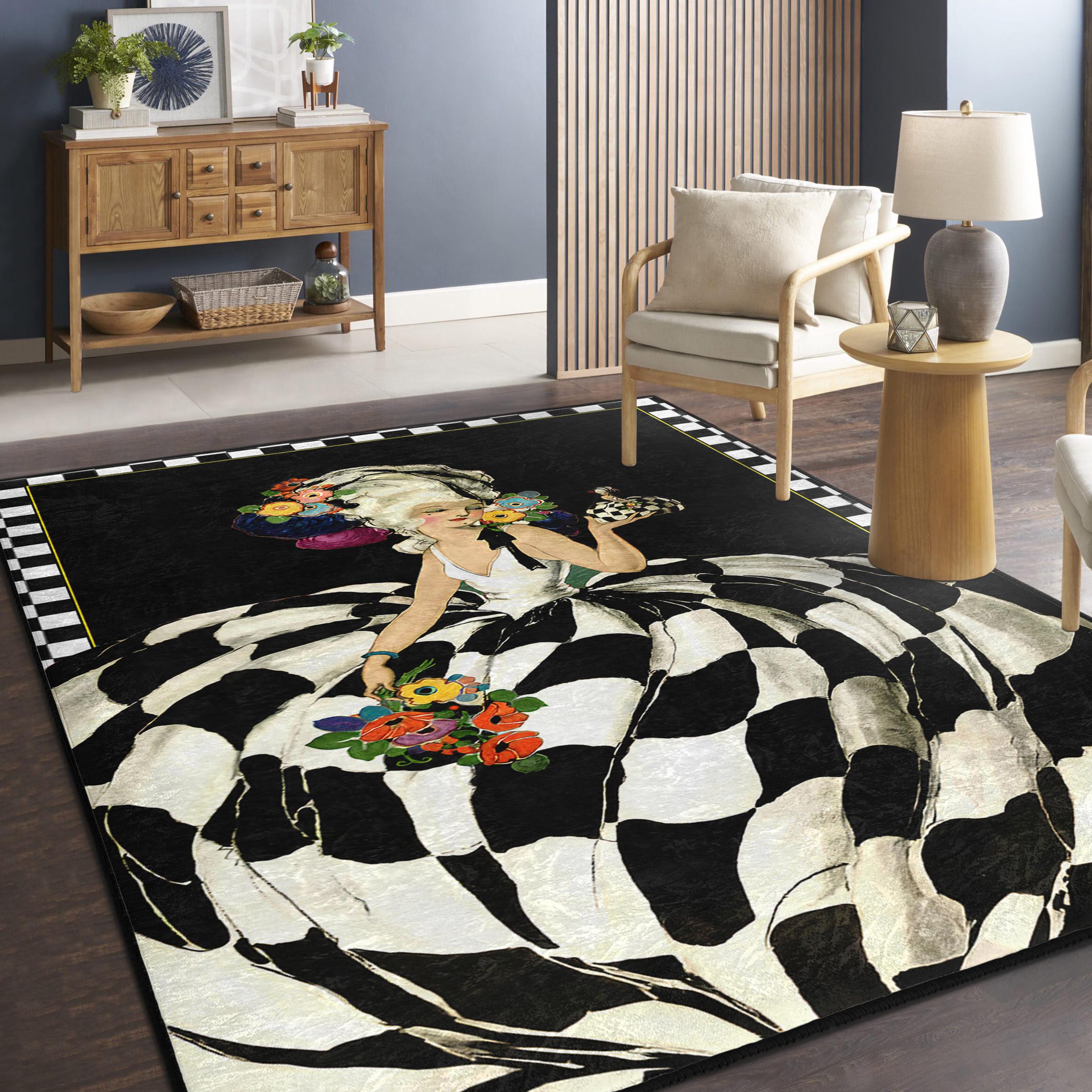 Baroque Lady Area Rug - Checkerboard Floral Carpet - Black White Accent ...